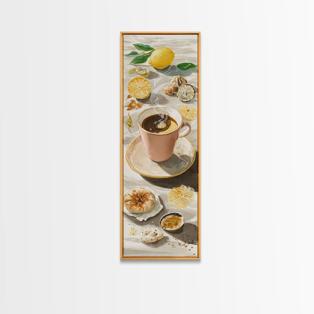 Espresso Cup with Rising Steam and Warm Framed Canvas Print, Coffee Shop Art, Art Print, Cafe Decor, Cafe, Dark Academia Decor, CSA-1x3-61