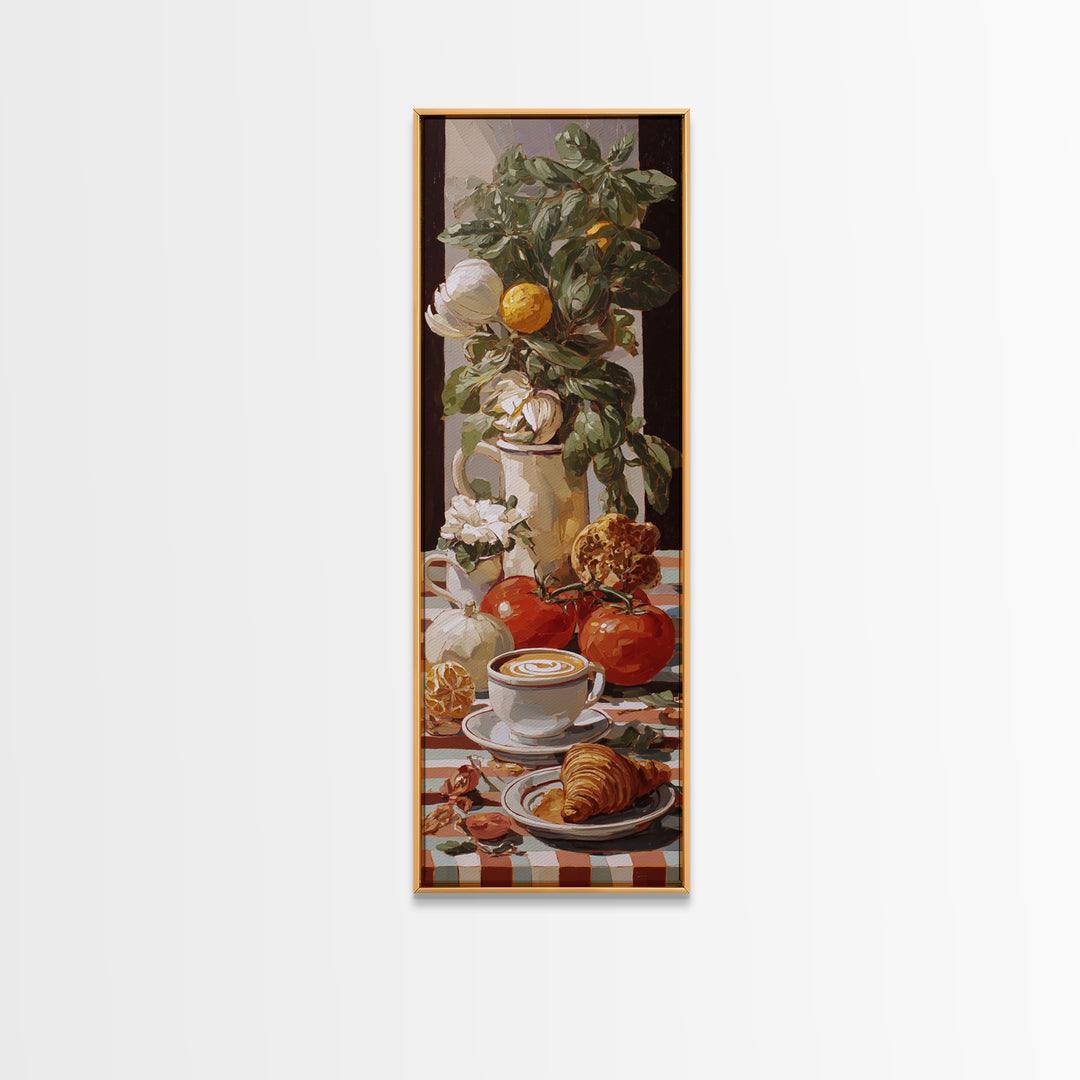 Croissant and Cappuccino on Striped Cloth Canvas Print, Coffee Shop Art, Printable, Cafe Decor, Fine Art, Cafe, Dopamine Decor, CSA-1x3-65