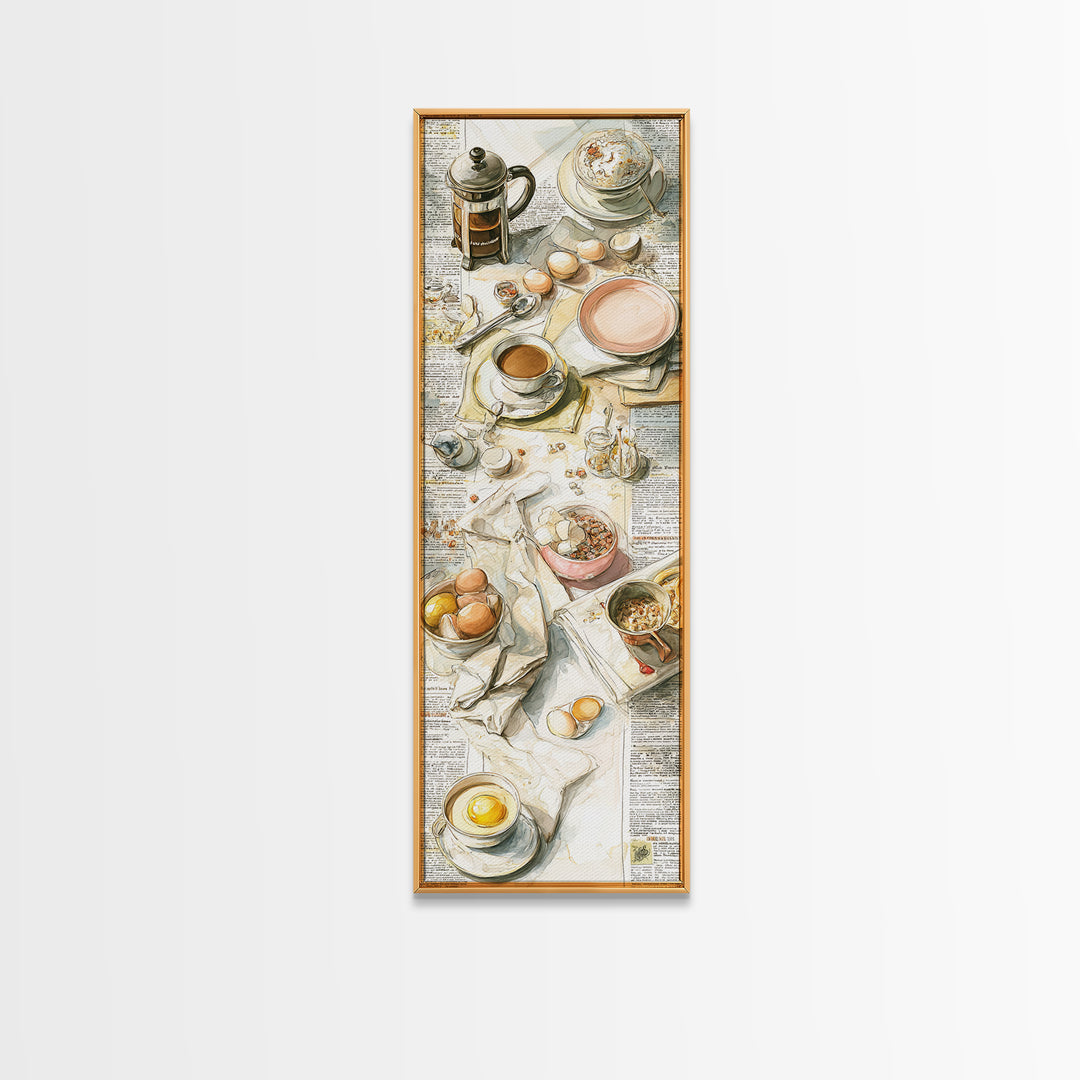 French Press and Morning Newspaper Without Readable Framed Canvas Print, Coffee Shop Art, Modern Decor, Cafe Decor, Cafe, CSA-1x3-70