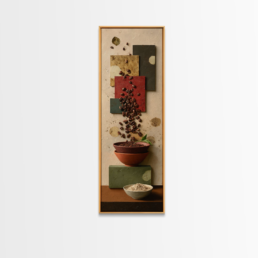 Roasted Beans Falling Through Dark Space Framed Canvas Print, Coffee Shop Art, Contemporary Art, Cafe Decor, Fine Art, Cafe, CSA-1x3-8