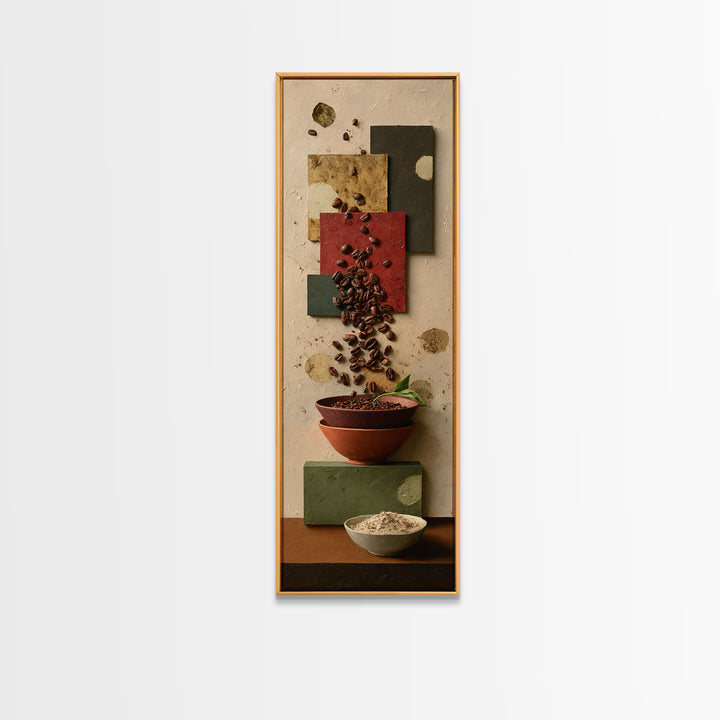 Roasted Beans Falling Through Dark Space Framed Canvas Print, Coffee Shop Art, Contemporary Art, Cafe Decor, Fine Art, Cafe, CSA-1x3-8