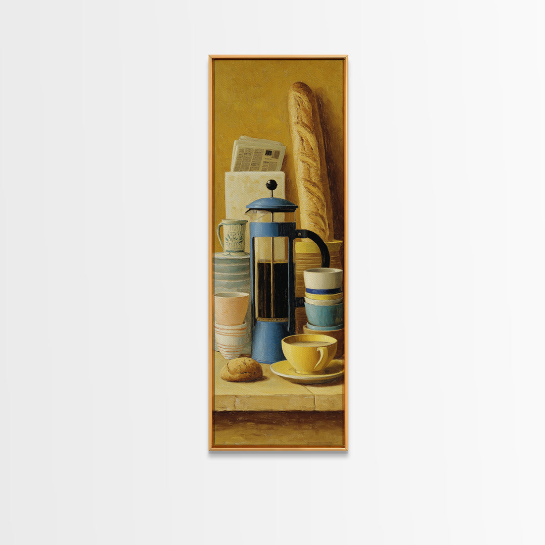 French Press and Morning Newspaper Without Readable Canvas Print, Coffee Shop Art, Room Decor, Cafe Decor, Fine Art, Cafe, CSA-1x3-94