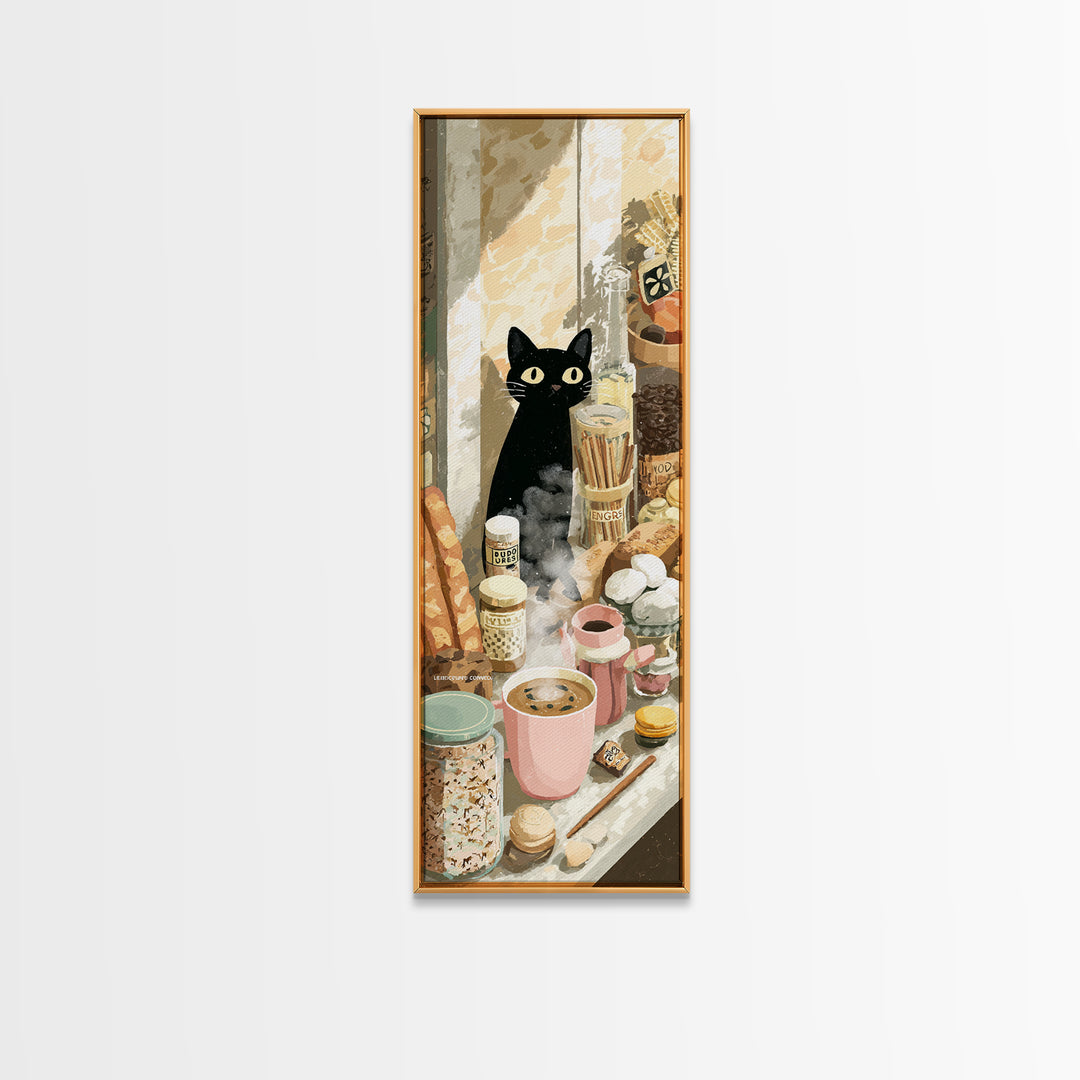 Black Cat Beside a Steaming Cup Canvas Print, Coffee Shop Art, Textured Painting, Cafe Decor, Fine Art, Cafe, Kitchen Decor, CSA-1x3-98