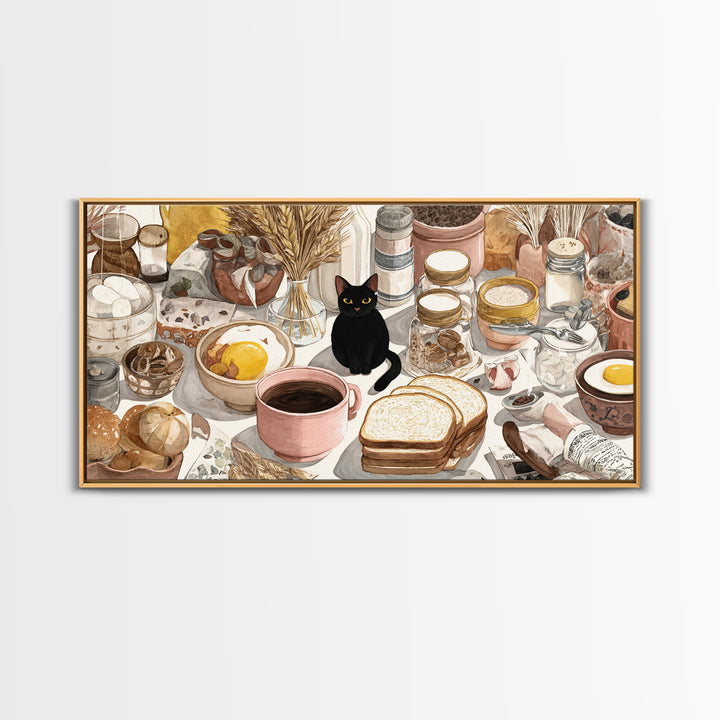 Black Cat Beside a Steaming Cup Framed Canvas Print, Coffee Shop Art, Contemporary Art, Cafe Decor, Cafe, Printable Art, CSA-2x1-10