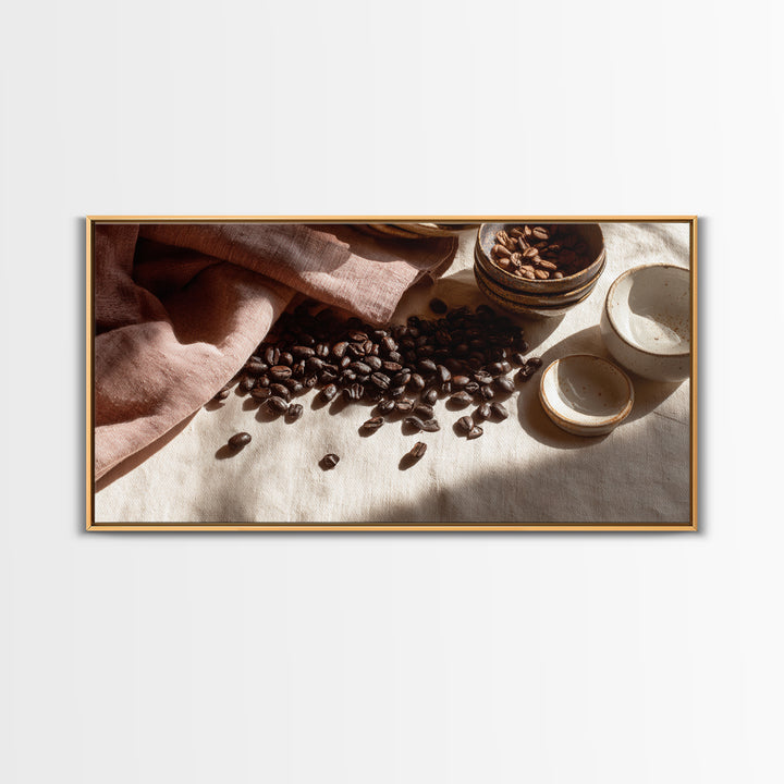 Roasted Beans Falling Through Dark Space Framed Canvas Print, Coffee Shop Art, Fine Art Print, Cafe Decor, Fine Art, Cafe, CSA-2x1-16