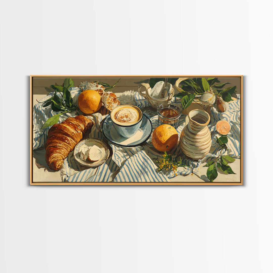 Croissant and Cappuccino on Striped Cloth Framed Canvas Print, Coffee Shop Art, Canvas Wall Art, Cafe Decor, Fine Art, Cafe, CSA-2x1-25