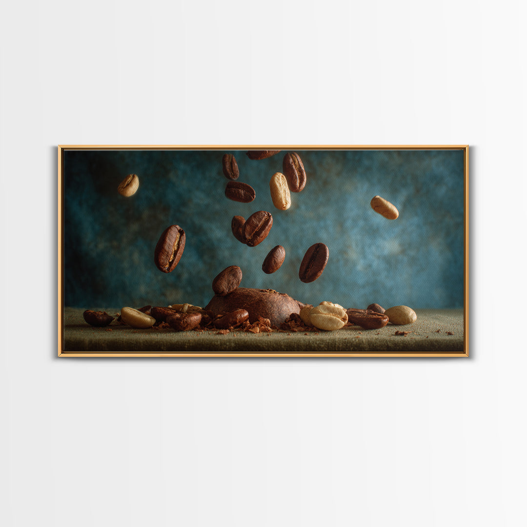 Roasted Beans Falling Through Dark Space Framed Canvas Print, Coffee Shop Art, Wall Decor, Cafe Decor, Fine Art, Cafe, CSA-2x1-40