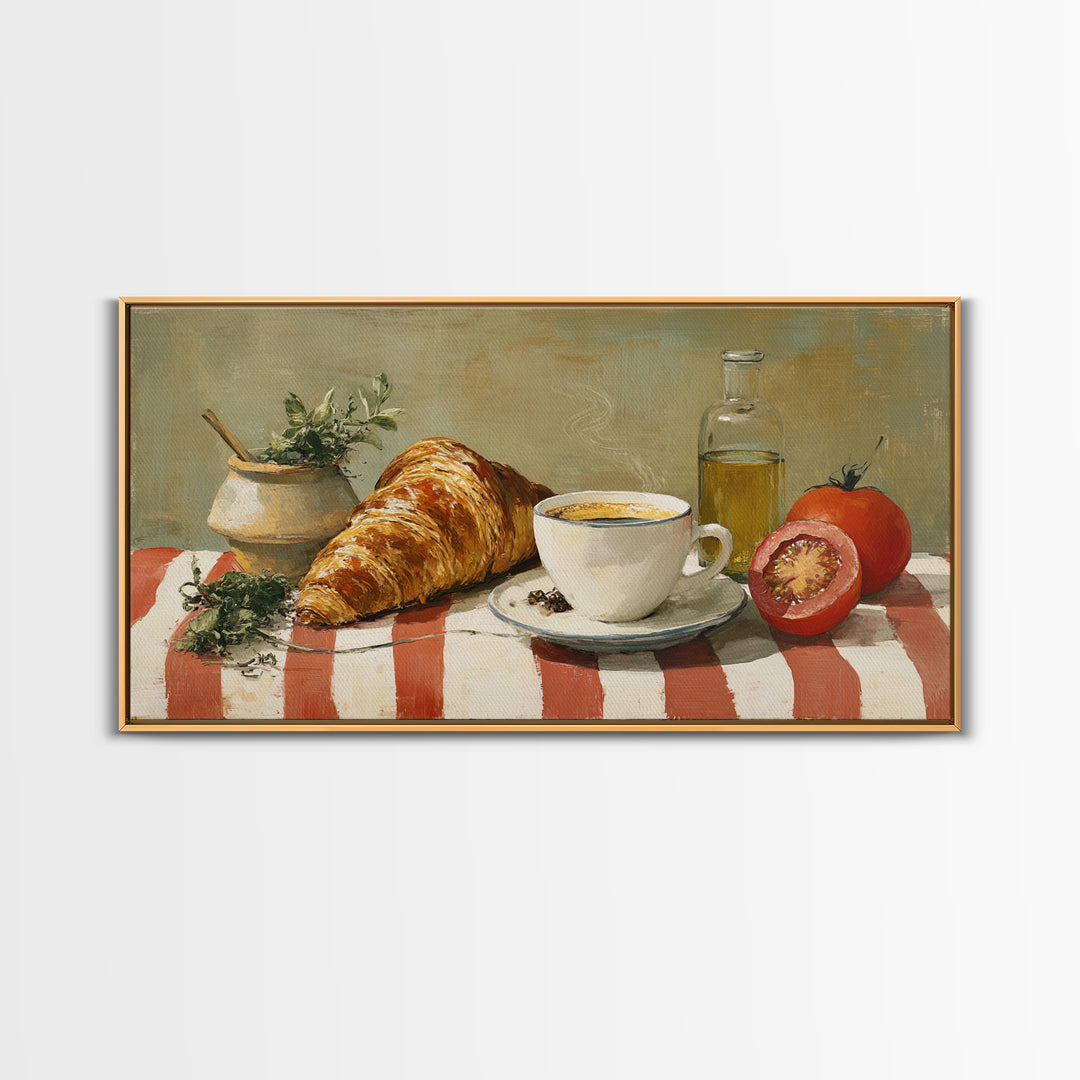 Croissant and Cappuccino on Striped Cloth Canvas Print, Coffee Shop Art, Kitchen Art, Cafe Decor, Cafe, Minimalist Wall Art, CSA-2x1-49