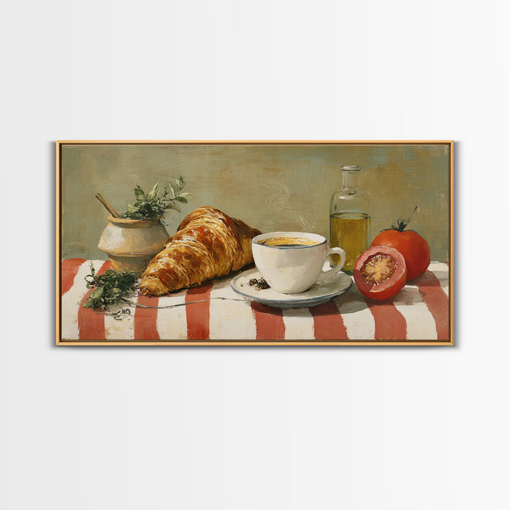 Croissant and Cappuccino on Striped Cloth Canvas Print, Coffee Shop Art, Kitchen Art, Cafe Decor, Cafe, Minimalist Wall Art, CSA-2x1-49