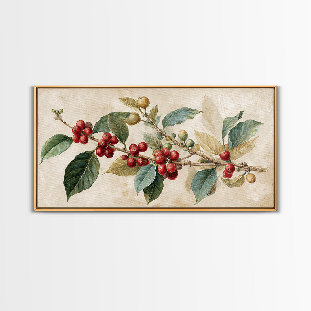 Botanical Coffee Plant Branch Framed Canvas Print, Coffee Shop Art, Coffee, Cafe Decor, Oil Painting, Cafe, Living Room Decor, CSA-2x1-50