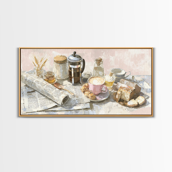 French Press and Morning Newspaper Without Readable Canvas Print, Coffee Shop Art, Art Print, Cafe Decor, Fine Art, Cafe, CSA-2x1-54