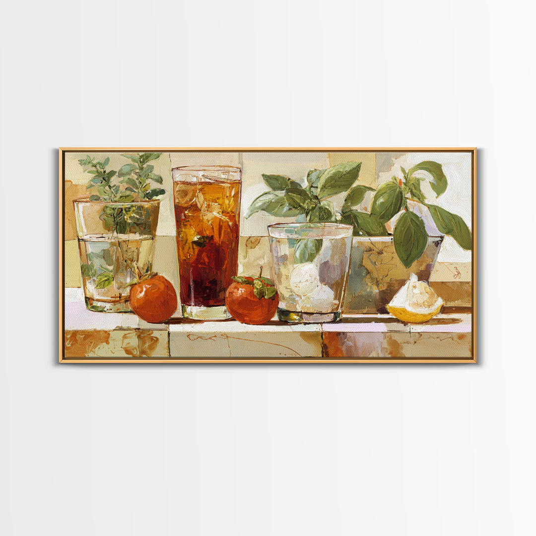 Iced Coffee Glass Framed Canvas Print, Coffee Shop Art, Dark Academia Decor, Cafe Decor, Fine Art, Cafe, Whimsical Art, CSA-2x1-55