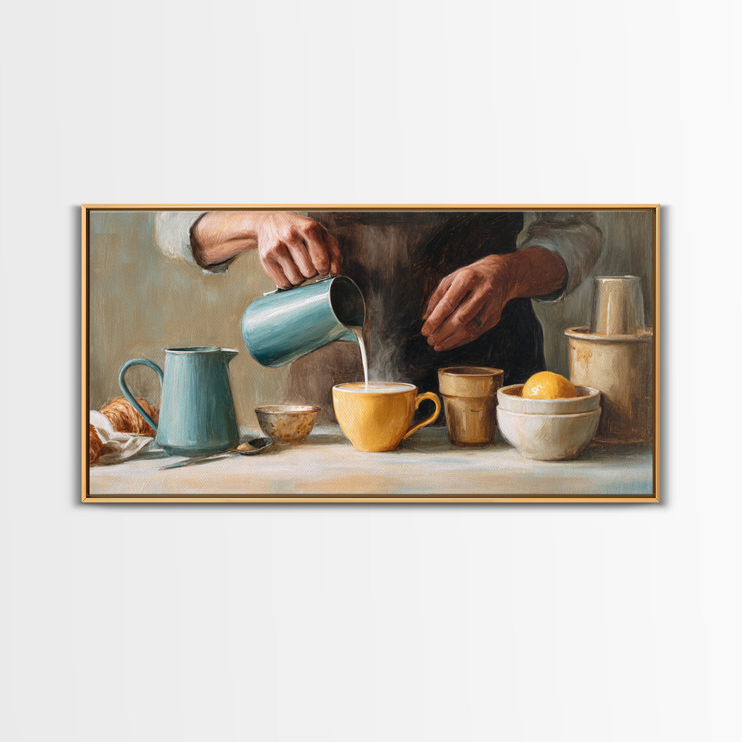Barista Hands Pouring Milk into Espresso Framed Canvas Print, Coffee Shop Art, Printable Art, Cafe Decor, Abstract Art, Cafe, CSA-2x1-65