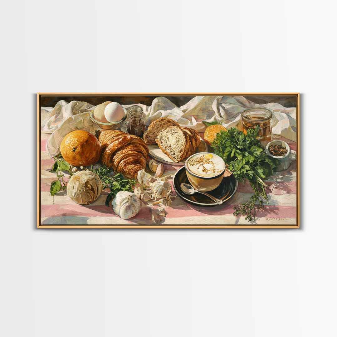 Croissant and Cappuccino on Striped Cloth Canvas Print, Coffee Shop Art, Kitchen Art, Cafe Decor, Cafe, Minimalist Wall Art, CSA-2x1-73