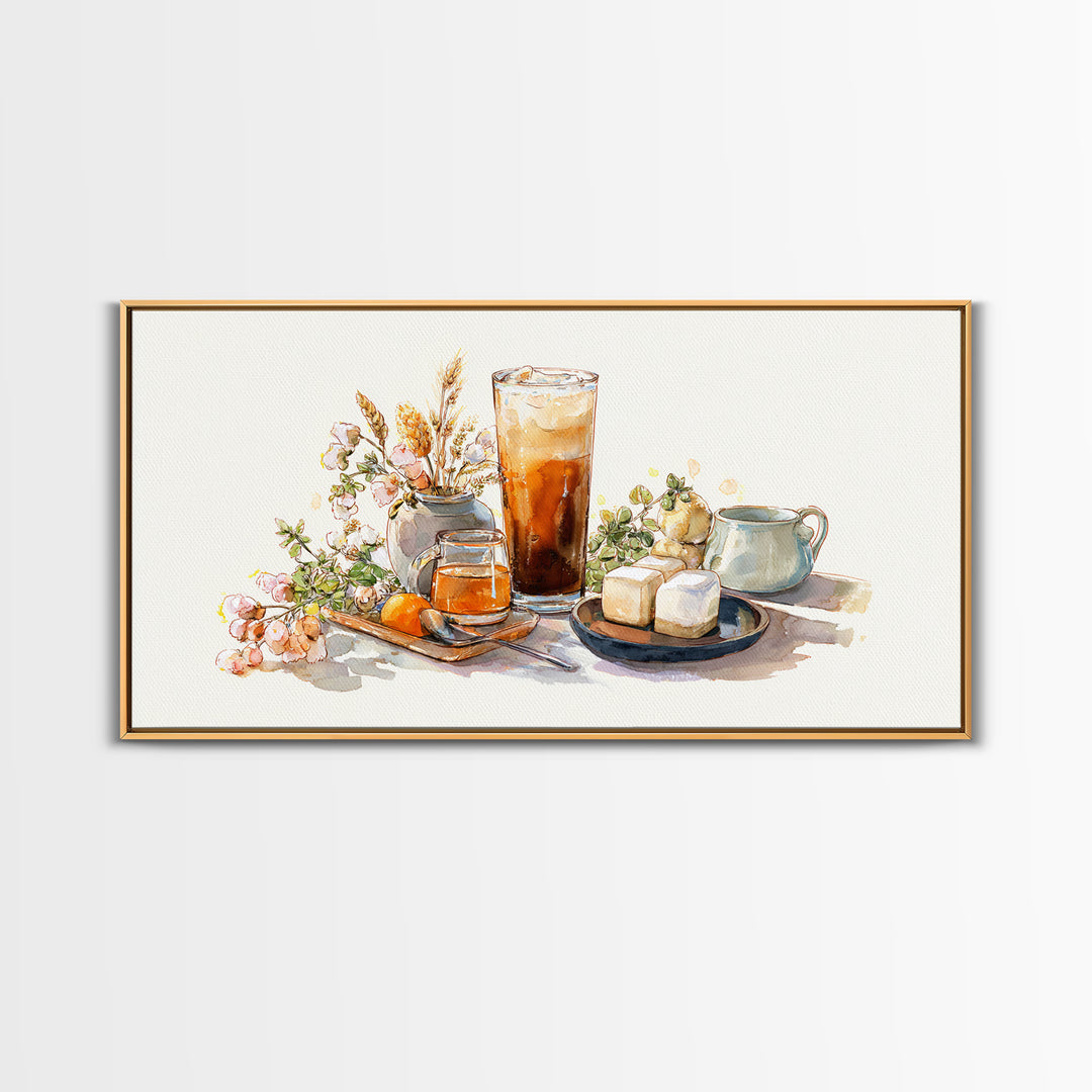 Iced Coffee Glass Framed Canvas Print, Coffee Shop Art, Food Art, Cafe Decor, Fine Art, Cafe, Minimalist Decor, CSA-2x1-79
