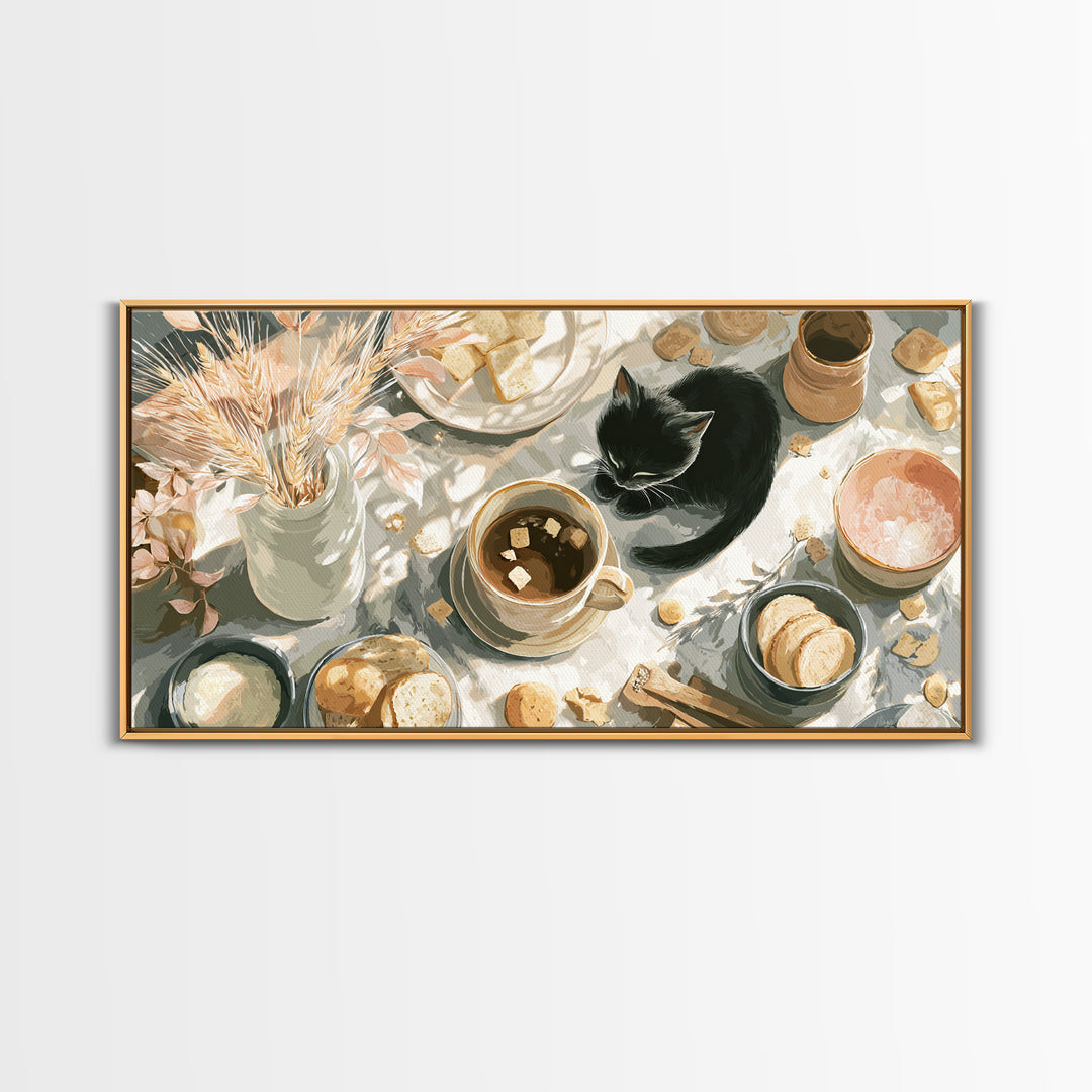 Black Cat Beside a Steaming Cup Canvas Print, Coffee Shop Art, Printable, Cafe Decor, Fine Art, Cafe, Dopamine Decor, CSA-2x1-82