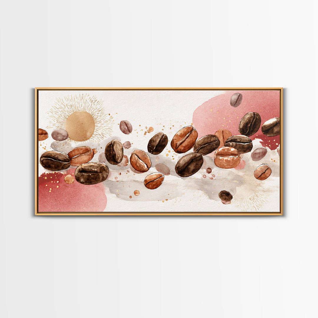 Roasted Beans Falling Through Dark Space Framed Canvas Print, Coffee Shop Art, Kitchen Art, Cafe Decor, Fine Art, Cafe, CSA-2x1-88