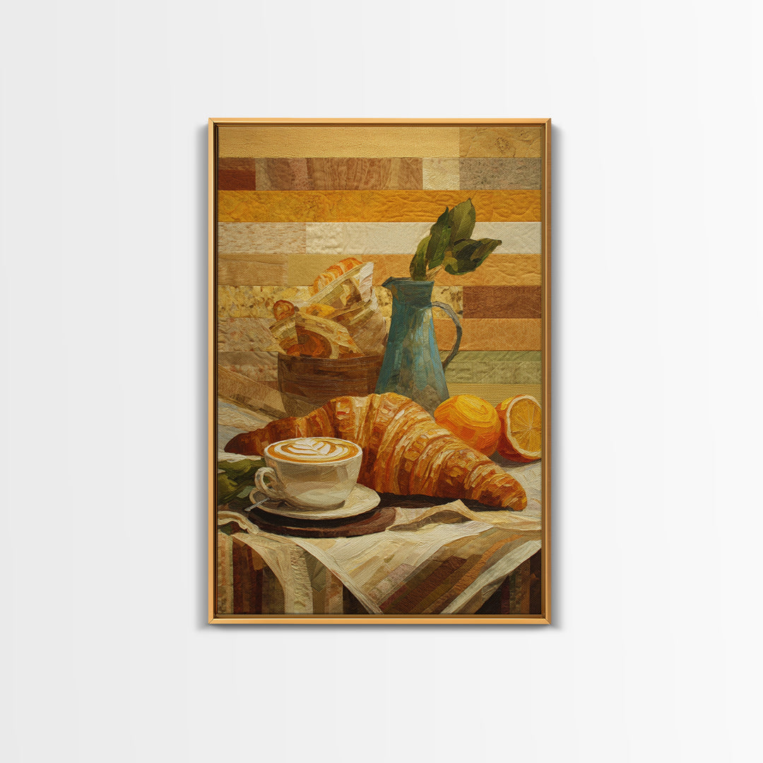 Croissant and Cappuccino on Striped Cloth Framed Canvas Print, Coffee Shop Art, Kitchen Wall Art, Cafe Decor, Fine Art, Cafe, CSA-2x3-13