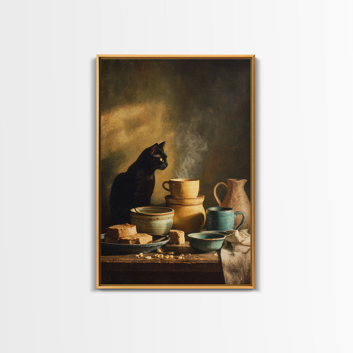 Black Cat Beside a Steaming Cup Framed Canvas Print, Coffee Shop Art, Wall Decor, Cafe Decor, Fine Art, Cafe, Kitchen Gift, CSA-2x3-22