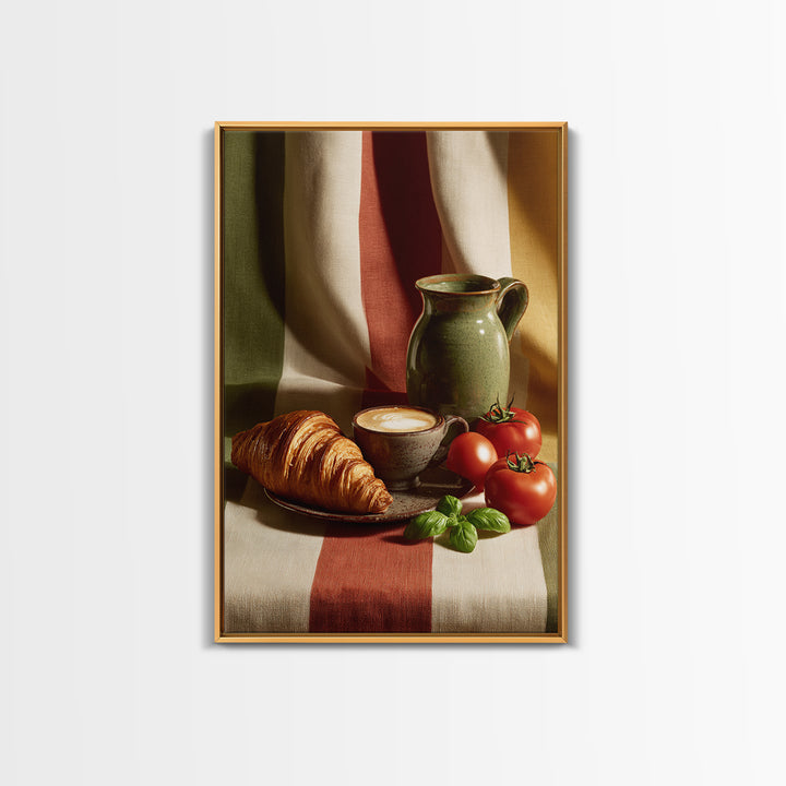 Croissant and Cappuccino on Striped Cloth Framed Canvas Print, Coffee Shop Art, Kitchen Wall Art, Cafe Decor, Fine Art, Cafe, CSA-2x3-37