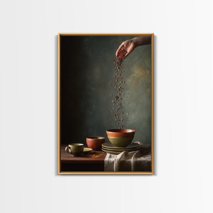 Roasted Beans Falling Through Dark Space Framed Canvas Print, Coffee Shop Art, Wall Decor, Cafe Decor, Fine Art, Cafe, CSA-2x3-52