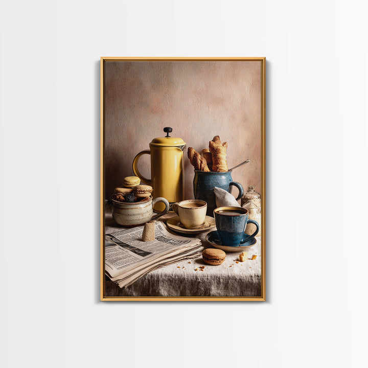 French Press and Morning Newspaper Without Readable Canvas Print, Coffee Shop Art, Digital Wall Art, Cafe Decor, Oil Painting, CSA-2x3-66