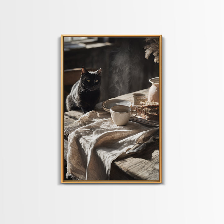 Black Cat Beside a Steaming Cup Canvas Print, Coffee Shop Art, Canvas Wall Art, Cafe Decor, Fine Art, Cafe, Bedroom Wall Art, CSA-2x3-70