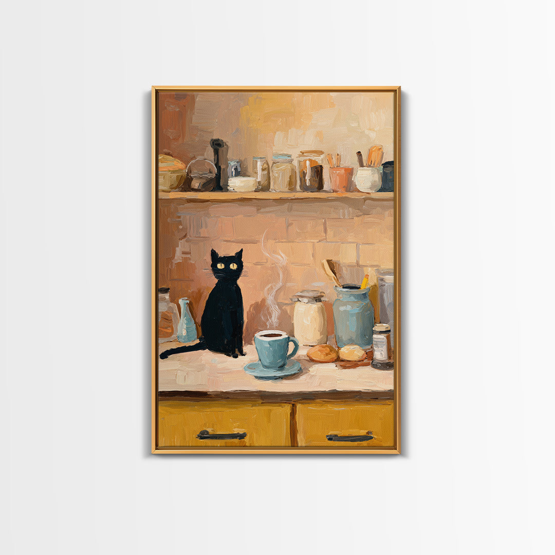 Black Cat Beside a Steaming Cup Framed Canvas Print, Coffee Shop Art, Kitchen Art, Cafe Decor, Cafe, Minimalist Wall Art, CSA-2x3-94