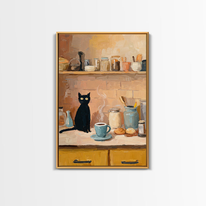 Black Cat Beside a Steaming Cup Framed Canvas Print, Coffee Shop Art, Kitchen Art, Cafe Decor, Cafe, Minimalist Wall Art, CSA-2x3-94