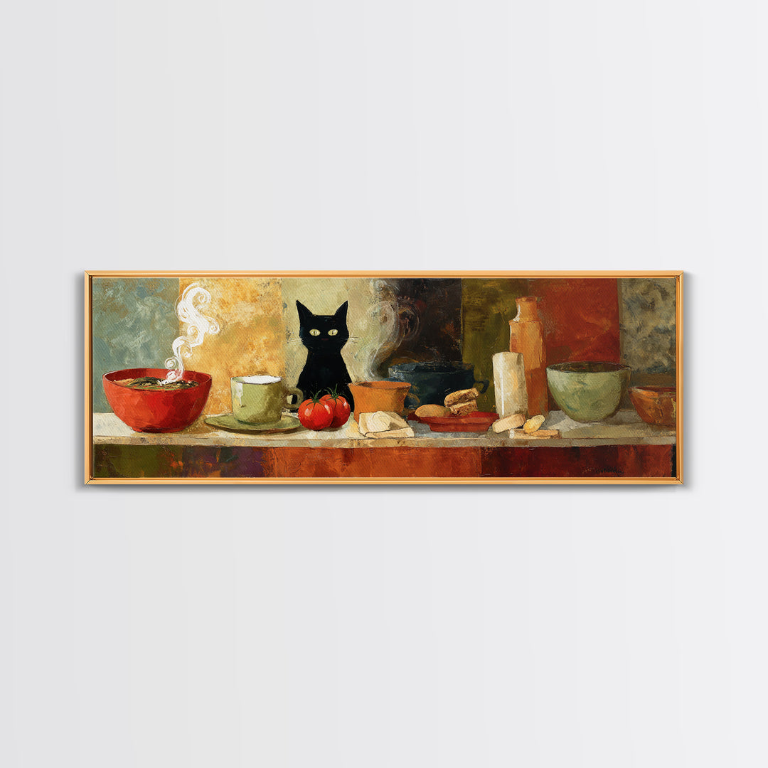 Black Cat Beside a Steaming Cup Canvas Print, Coffee Shop Art, Printable, Cafe Decor, Fine Art, Cafe, Dopamine Decor, CSA-3x1-30