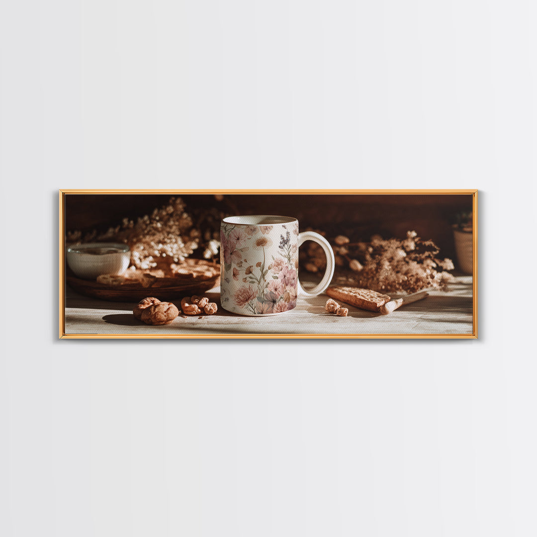 Ceramic Mug with Wildflowers Around It Framed Canvas Print, Coffee Shop Art, Coffee Wall Art, Cafe Decor, Fine Art, Cafe, CSA-3x1-32