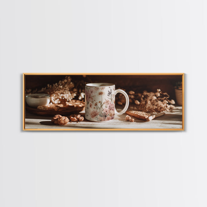 Ceramic Mug with Wildflowers Around It Framed Canvas Print, Coffee Shop Art, Coffee Wall Art, Cafe Decor, Fine Art, Cafe, CSA-3x1-32