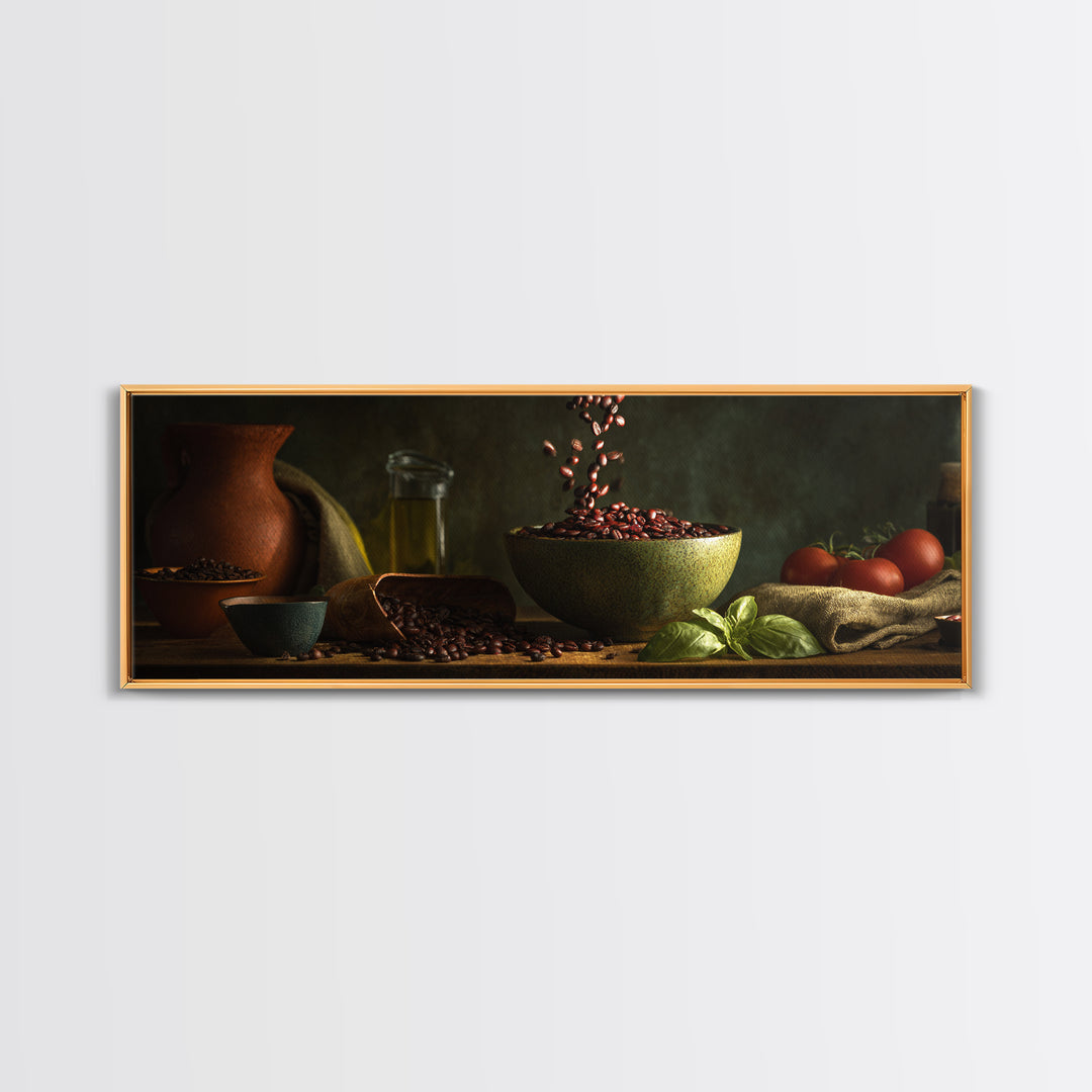 Roasted Beans Falling Through Dark Space Canvas Print, Coffee Shop Art, Gallery Decor, Cafe Decor, Fine Art, Cafe, Wall Art, CSA-3x1-36