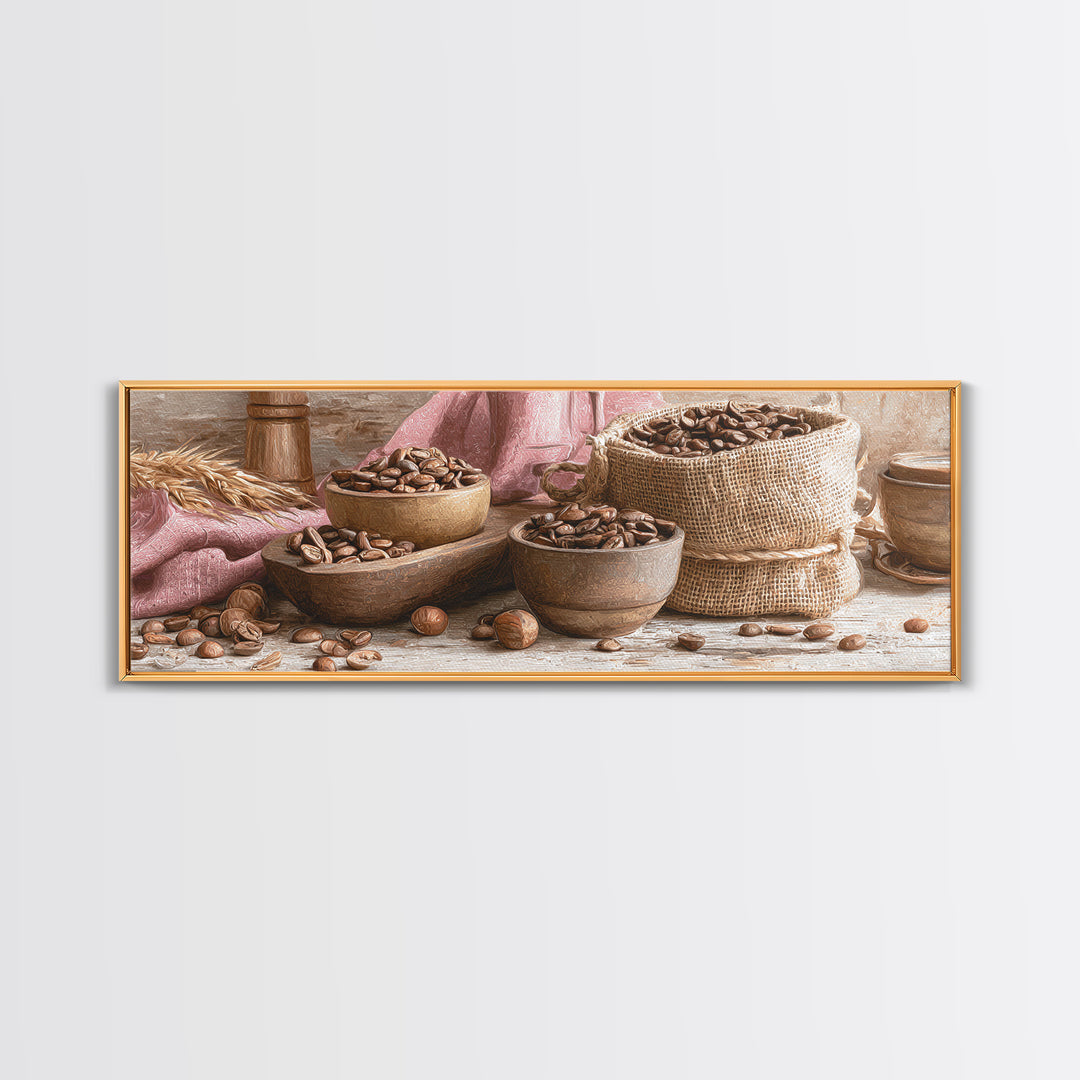 Coffee Beans and Burlap Sack Still Life Canvas Print, Coffee Shop Art, Canvas Print, Cafe Decor, Fine Art, Cafe, Neutral Decor, CSA-3x1-42