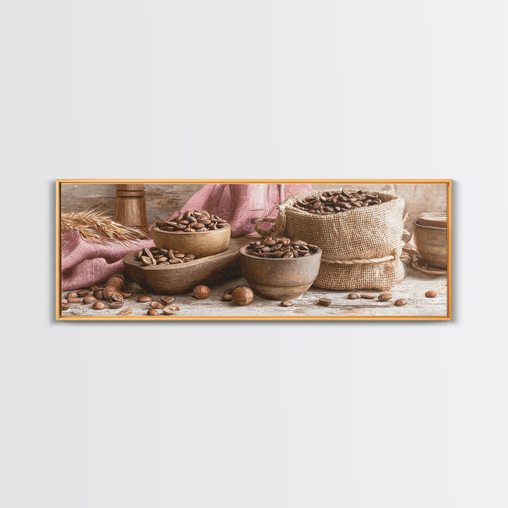 Coffee Beans and Burlap Sack Still Life Canvas Print, Coffee Shop Art, Canvas Print, Cafe Decor, Fine Art, Cafe, Neutral Decor, CSA-3x1-42
