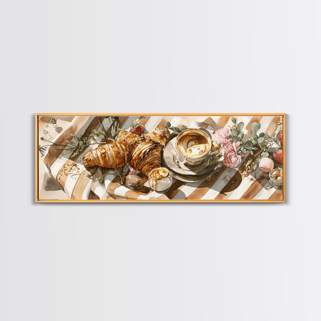 Croissant and Cappuccino on Striped Cloth Canvas Print, Coffee Shop Art, Moody Wall Art, Cafe Decor, Cafe, Luxury Decor, CSA-3x1-45