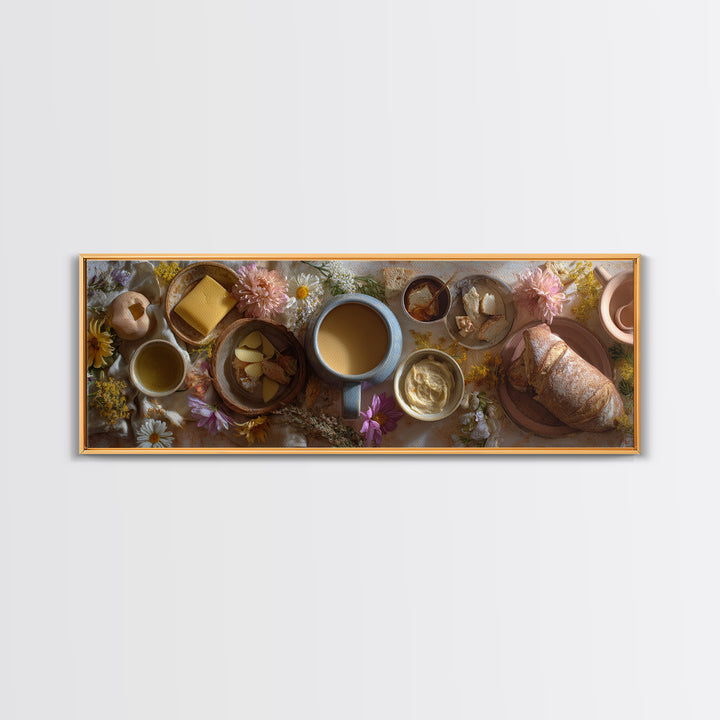 Ceramic Mug with Wildflowers Around It Framed Canvas Print, Coffee Shop Art, Minimalist Decor, Cafe Decor, Oil Painting, Cafe, CSA-3x1-56