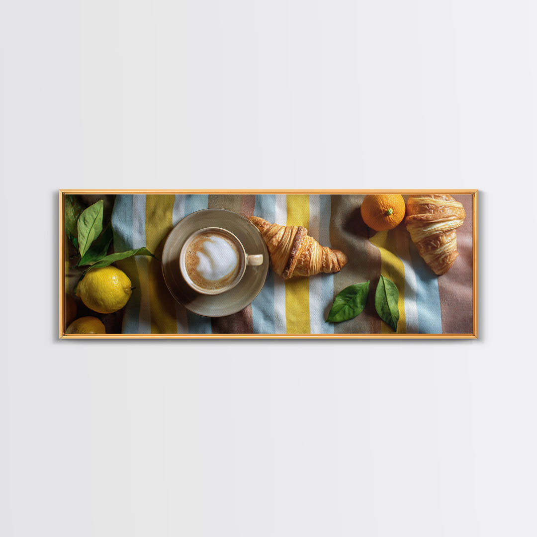 Croissant and Cappuccino on Striped Cloth Framed Canvas Print, Coffee Shop Art, Gallery Decor, Cafe Decor, Fine Art, Cafe, CSA-3x1-69
