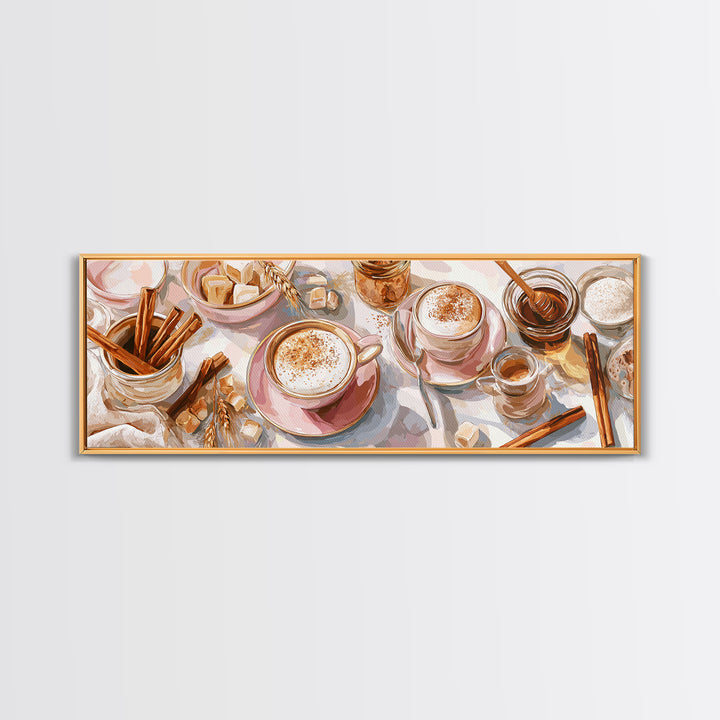 Cinnamon Sticks and Cappuccino Foam Still Life Canvas Print, Coffee Shop Art, Wall Art, Cafe Decor, Oil Painting, Cafe, CSA-3x1-88