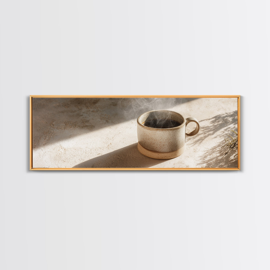 Espresso Cup with Rising Steam and Warm Framed Canvas Print, Coffee Shop Art, Boho Decor, Cafe Decor, Oil Painting, Cafe, CSA-3x1-89