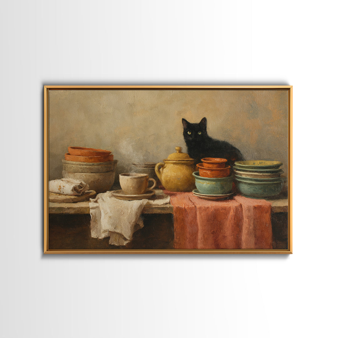 Black Cat Beside a Steaming Cup Framed Canvas Print, Coffee Shop Art, Kitchen Art, Cafe Decor, Cafe, Minimalist Wall Art, CSA-3x2-18