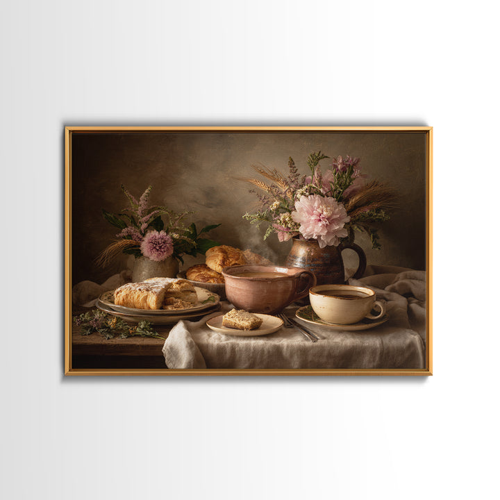 Sunlit Pastry and Coffee Arrangement Framed Canvas Print, Coffee Shop Art, Coffee Art, Cafe Decor, Fine Art, Cafe, CSA-3x2-23