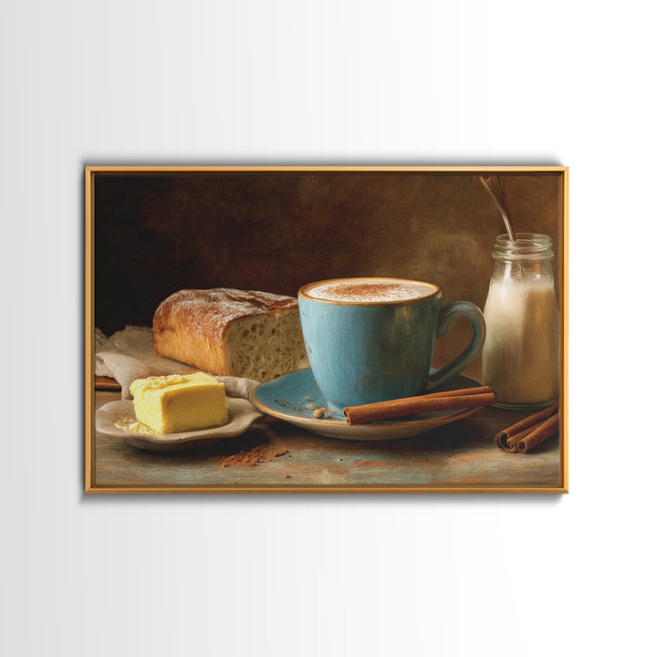 Cinnamon Sticks and Cappuccino Foam Still Life Framed Canvas Print, Coffee Shop Art, Bedroom Wall Art, Cafe Decor, Cafe, CSA-3x2-28