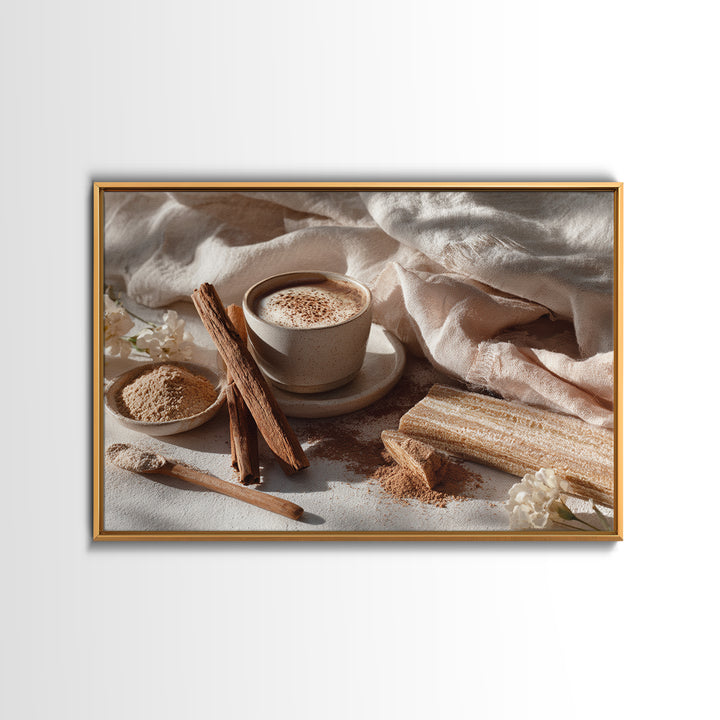 Cinnamon Sticks and Cappuccino Foam Still Life Canvas Print, Coffee Shop Art, Kitchen Gift, Cafe Decor, Oil Painting, Cafe, CSA-3x2-4