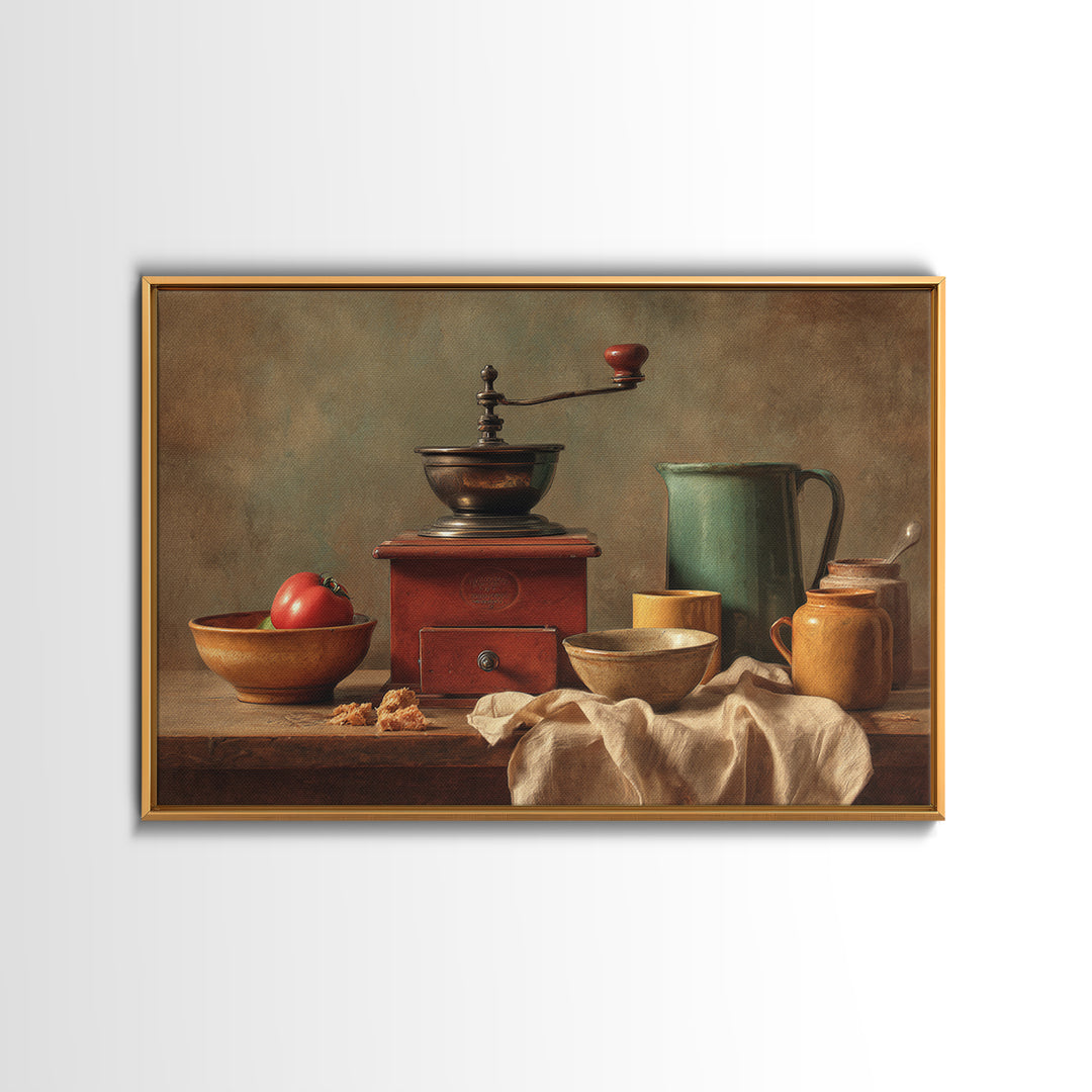 Coffee Grinder Antique Still Life Framed Canvas Print, Coffee Shop Art, Whimsical Art, Cafe Decor, Oil Painting, Cafe, CSA-3x2-40