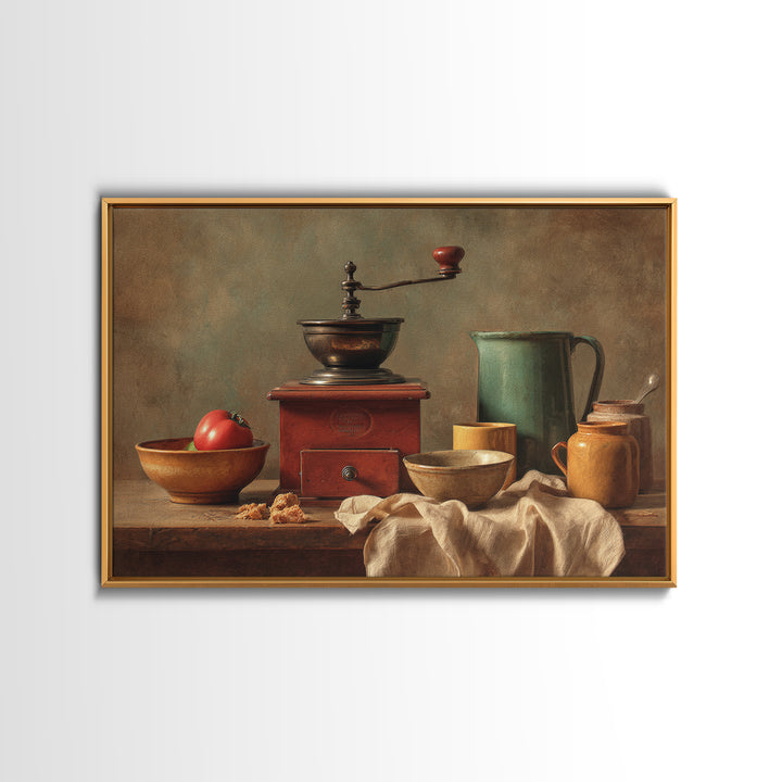 Coffee Grinder Antique Still Life Framed Canvas Print, Coffee Shop Art, Whimsical Art, Cafe Decor, Oil Painting, Cafe, CSA-3x2-40