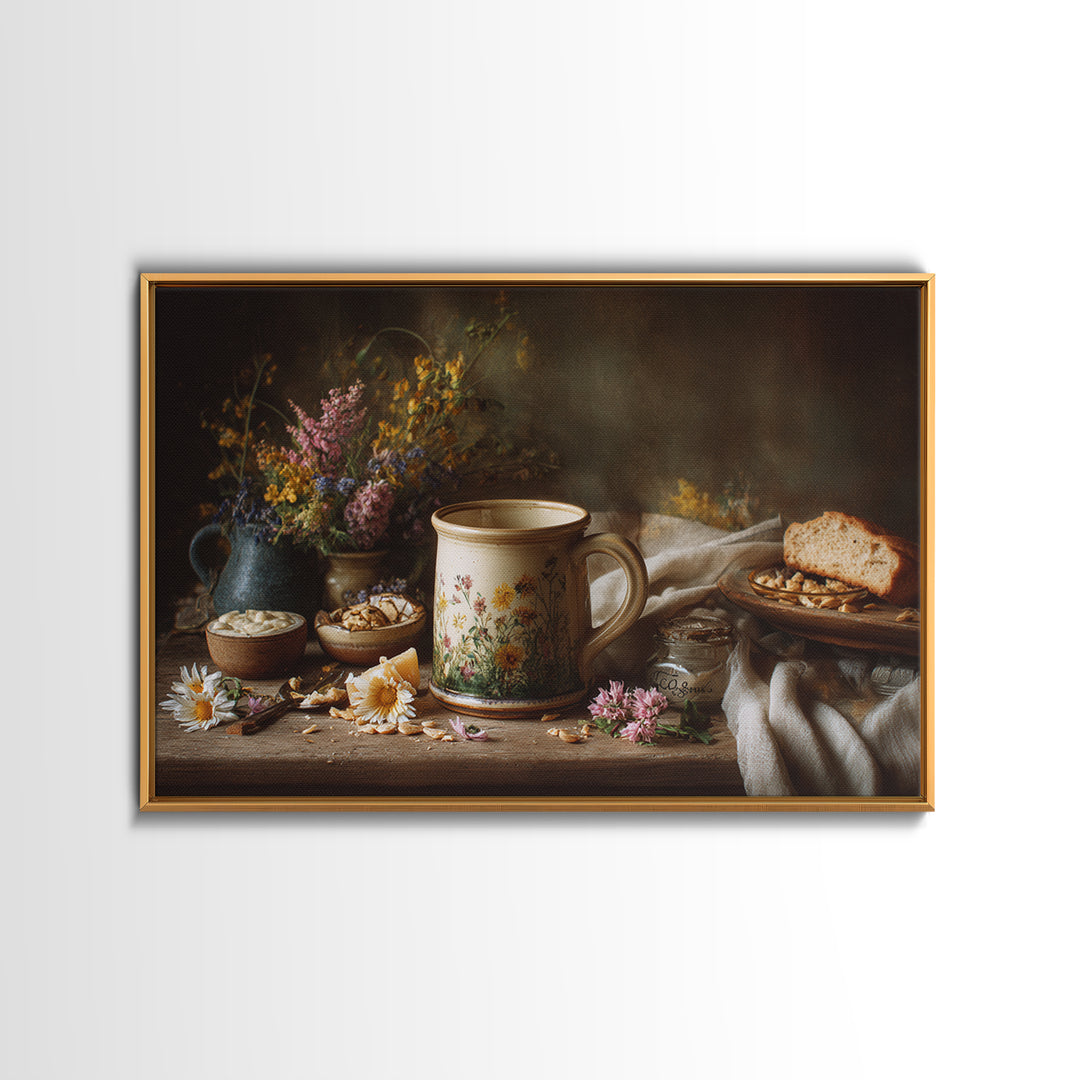 Ceramic Mug with Wildflowers Around It Canvas Print, Coffee Shop Art, Coffee Wall Art, Cafe Decor, Fine Art, Cafe, CSA-3x2-44
