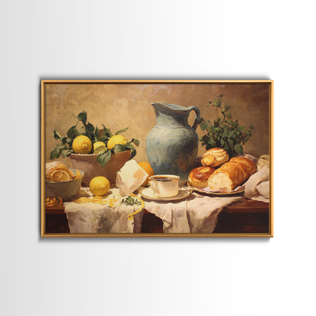 Sunlit Pastry and Coffee Arrangement Framed Canvas Print, Coffee Shop Art, Digital Wall Art, Cafe Decor, Oil Painting, Cafe, CSA-3x2-47