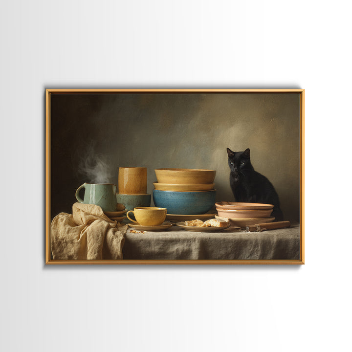 Black Cat Beside a Steaming Cup Canvas Print, Coffee Shop Art, Canvas Print, Cafe Decor, Fine Art, Cafe, Neutral Decor, CSA-3x2-66