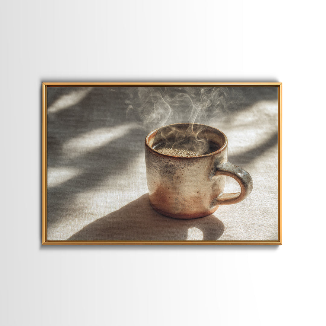 Espresso Cup with Rising Steam and Warm Framed Canvas Print, Coffee Shop Art, Room Decor, Cafe Decor, Fine Art, Cafe, CSA-3x2-77